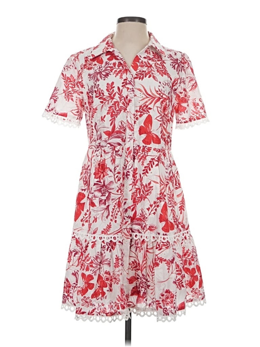 Eliza J White Dress with Red Floral Print and Lace Trim